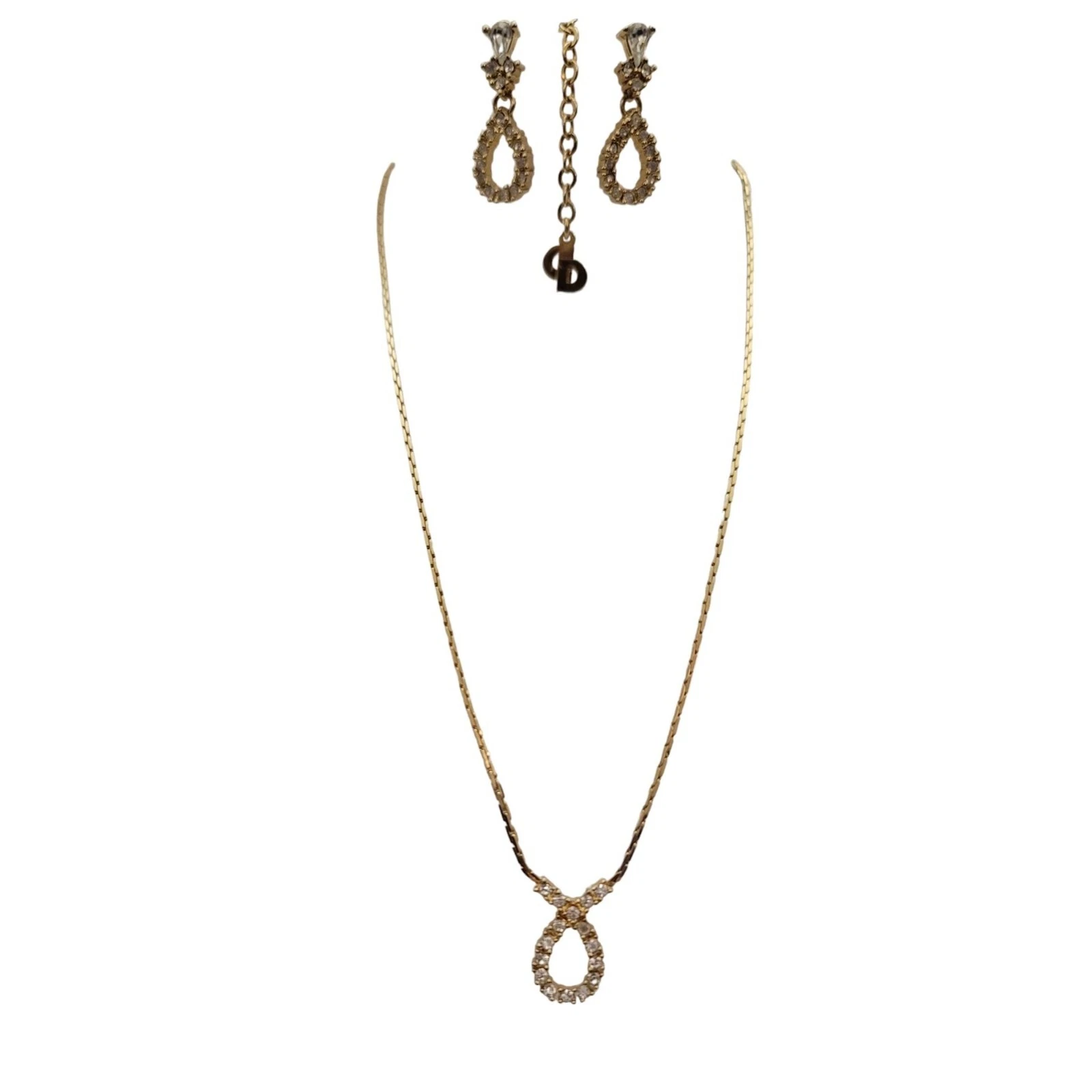 Ensemble collier et boucles d'oreilles bijoux en strass plaqué or Christian Dior E850