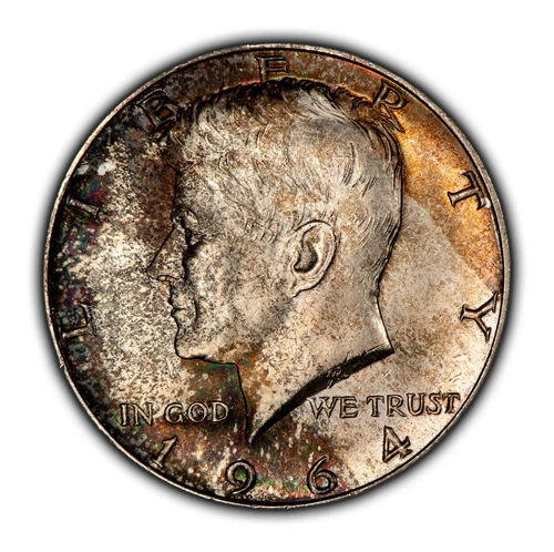 1964 50c Kennedy Half Dollar - Colorful Accent Toning - BU - SKU-H3357