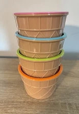 Waffle Cone Ice cream Bowl Set 4 pcs Plastic Blue Green Peach Pink