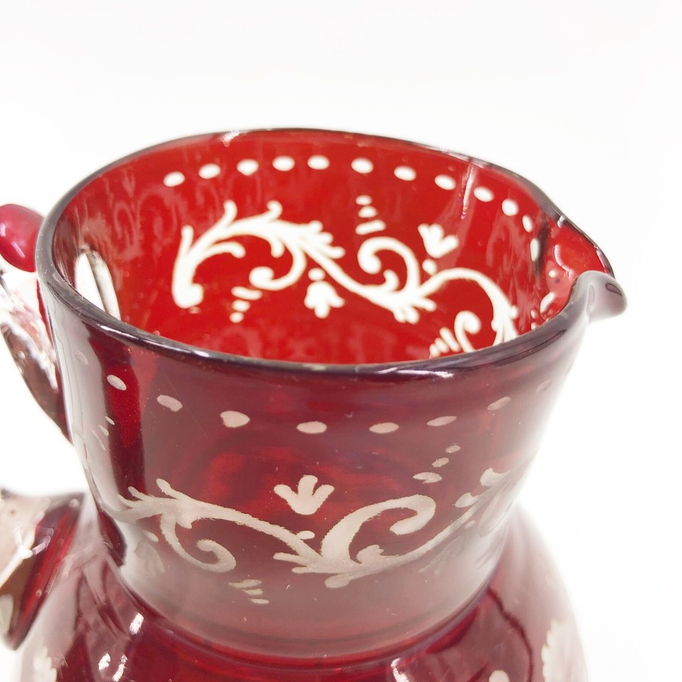 Rare Antique Czech Ruby Red Cut to Clear Decanter Glass Set Stag Dog