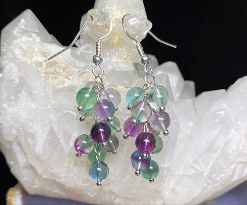 Gemstone Fluorite Grape Design 925 Silver Ear Hook Earrings