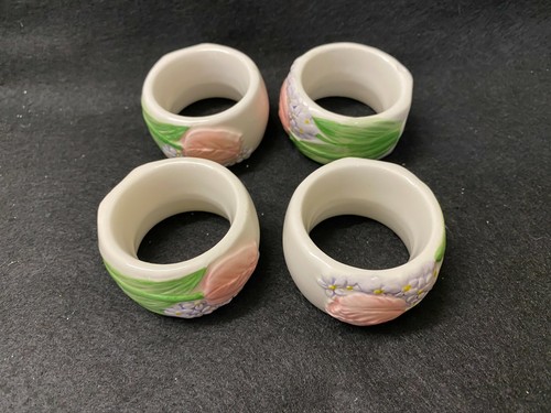 Beautiful Vintage Set of 4 Ceramic Otagiri, Japan Tulip Napkin Rings by M. Baker - Picture 2 of 6