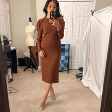 Express Brown Maxi Dress, Ribbed, Long Sleeve, Body Contouring, XS