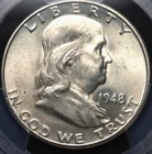 1948 D FRANKLIN HALF DOLLAR PCGS MS 64 FULL BELL LINES FAINTLY AMBER SOFT SILVER