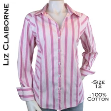 Liz Claiborne Button Down Shirt 12 Pink Stripe Cotton Career Preppy Uptown Girl