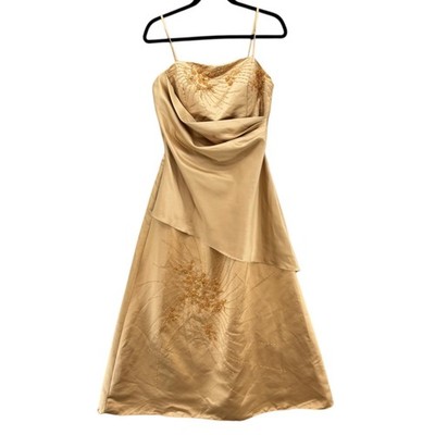 May Queen USA Maxi Dress Gown Champagne Gold Floral Beaded Layered Size M