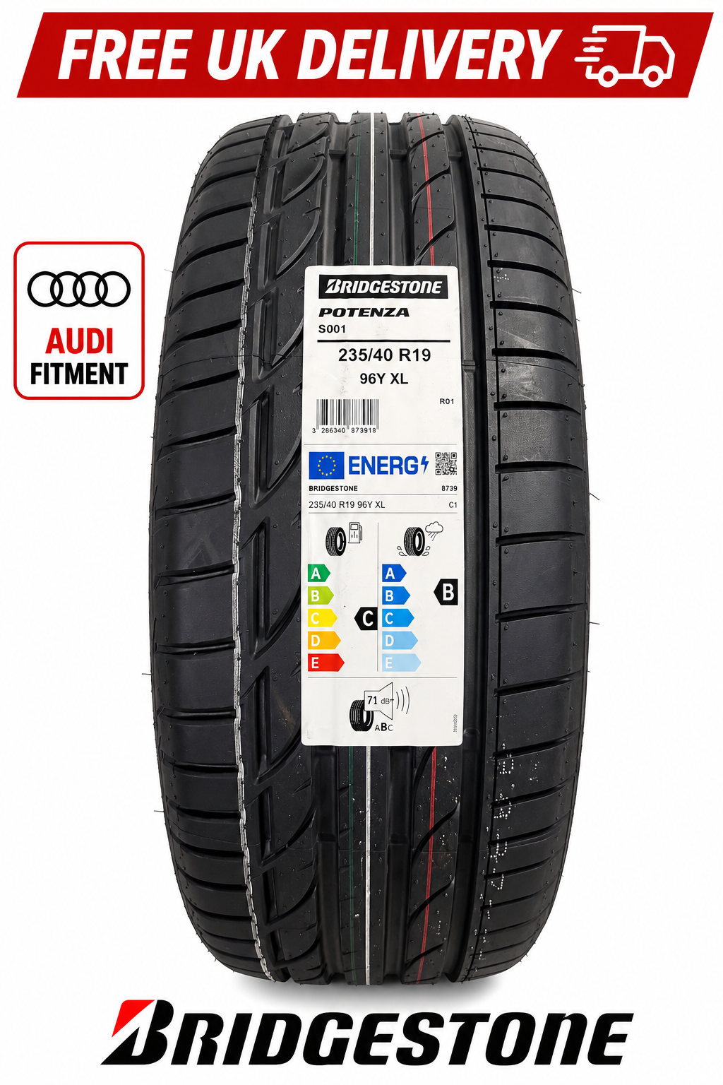 235 40 19 96Y Audi (RO1) XL - Bridgestone Potenza S001 - Tyre Only x1 - Image 2