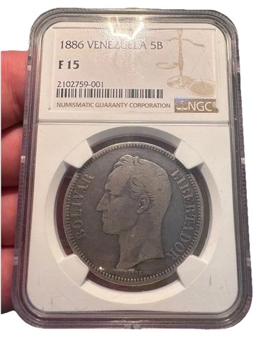 RARE GRADE F 15 NGC 1886 VENEZUELA 5 BOLIVARES SILVER SIMON BOLIVAR COIN