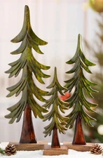 Christmas Trees Holiday Décor Enameled Carved Mango Wood Hand Crafted (Set Of 3)