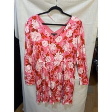 GUESS Floral Pink Long Sleeve V Neck Mini Dress Women Sz L Ruffle Hem Romantic
