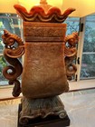 Rare Handcarved Chinese Ceremonial Urn Alabaster Lamp with Silk Shade Volterra — photo 3