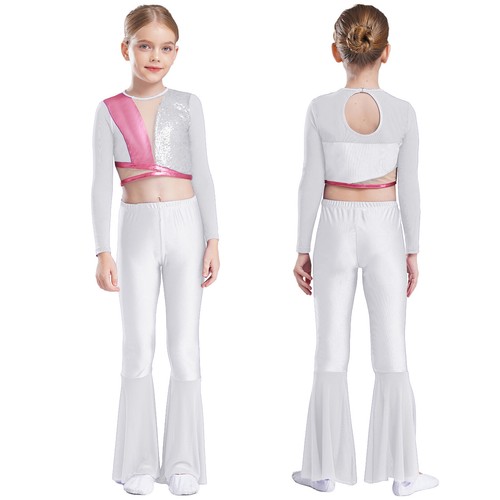 Kids Girls Outfit Shows Shirt And Flared Pants Latin Sweatsuit Color Block Jazz - Picture 41 of 52