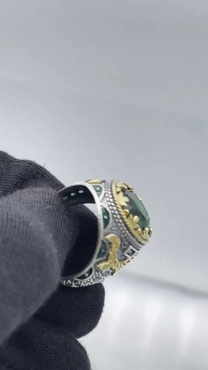 Men Simulated Emerald 925 Sterling Silver Ring Turkish Handmade