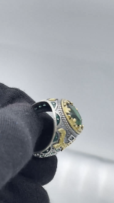 Men Simulated Emerald 925 Sterling Silver Ring Turkish Handmade