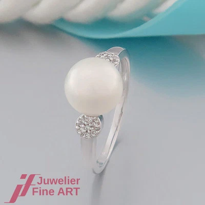 Bague-perle de culture d'eau douce + 14 brillants env. 0,06ct - 18K/750 WG-NE... - Photo 1/4