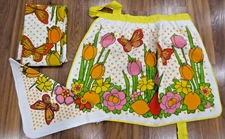 3 Piece Retro Sayco Screen Prints 1970s Vtg Butterfly Apron Towel Washcloth NEW