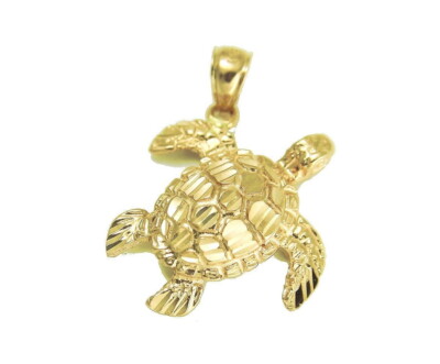 14K MASSIVER GELBGOLD FUNKELNDER DIAMANTSCHLIFF HAWAIIANISCHE MEERESSCHILDKRÖTE HONU ANHÄNGER MED.