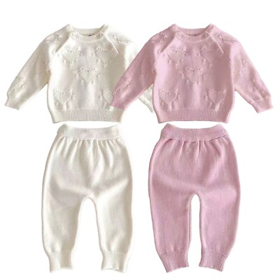 Baby Mädchen Herz Druck Strickpullover & Leggings Outfit, Neugeborenes Geschenkset, 0-12M