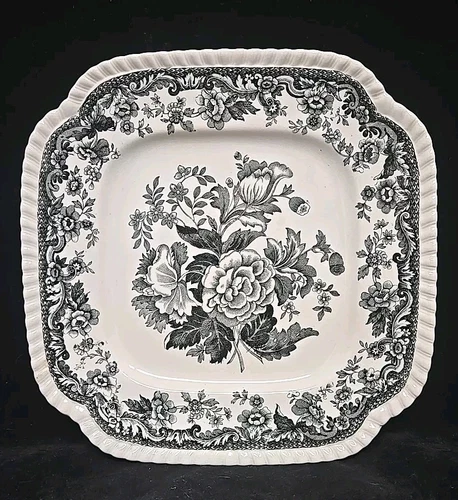 3 Antique SPODE Dessert Plates Black Flowers Floral Square Plate
