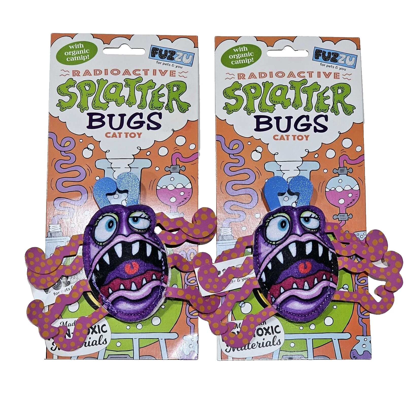2 Pack Radioactive Splatter Bugs Cat Toy Fuzzu Pets & You Organic Catnip Inside