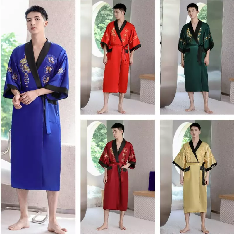 Men Kimono Bathrobe Faux Silk Yukata Sleepwear Embroidery Loose