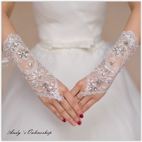 Brauthandschuhe Hochzeit Brautschmuck Spitze Braut Handschuhe Weiß Blumenmotiv - Bild 4 von 4