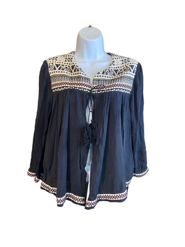 H&M Womens 12 Black Aztec Cardigan Top Open Tie Front Tassels Crepe BOHO - Picture 2 of 7