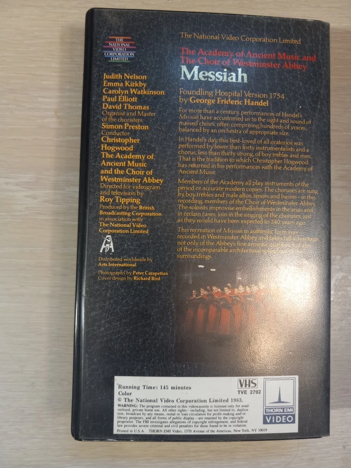 HANDEL Messiah CHRISTOPHER HOGWOOD Emma Kirkby Judith Nelson VHS tape Foto 3 de 4