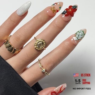 Christmas Press On Nails -  Handmade Almond Fake Nails, 3D Painting Floral Red