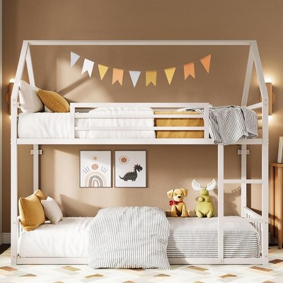 Bunk Bed Twin Over Twin, House Bunk Bed Frame with Ladder and Guardrail, House