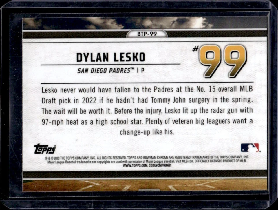 2023 Bowman Dylan Lesko Scouts Top 100 Chrome #BTP-99 Padres - Image 2 of 2