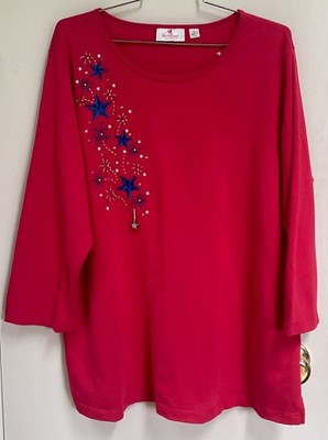 Quacker Factory DANGLE STAR Red 4th Of July Shirt Womens L Large Fireworks