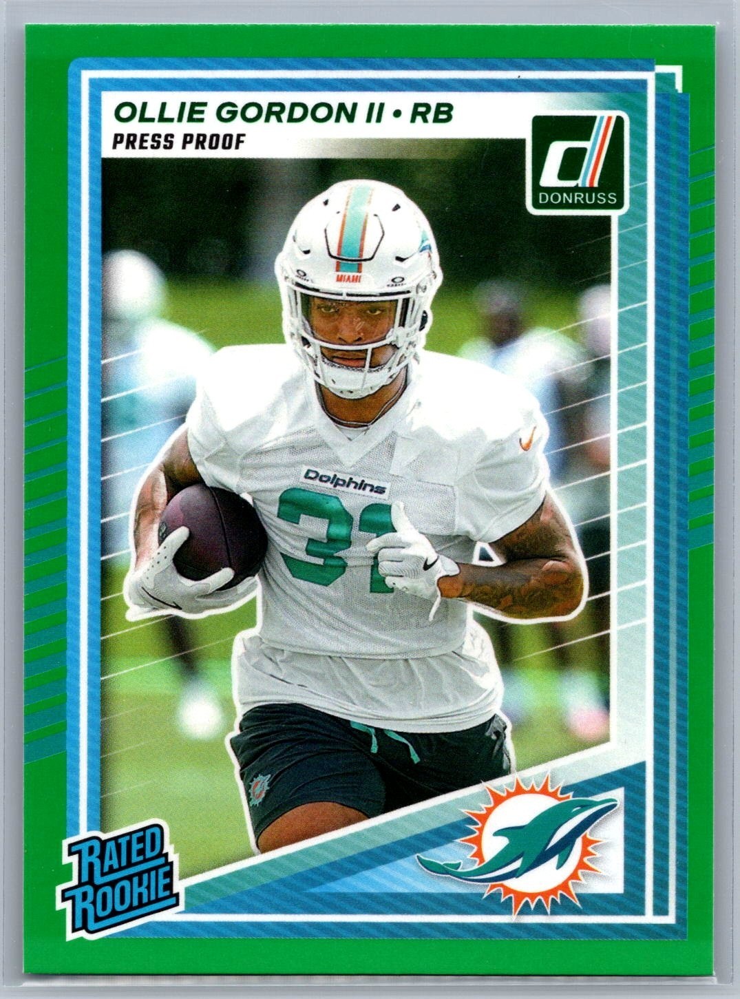 2025 Panini Donruss Green Press Proof Rated Rookie Ollie Gordon Dolphins