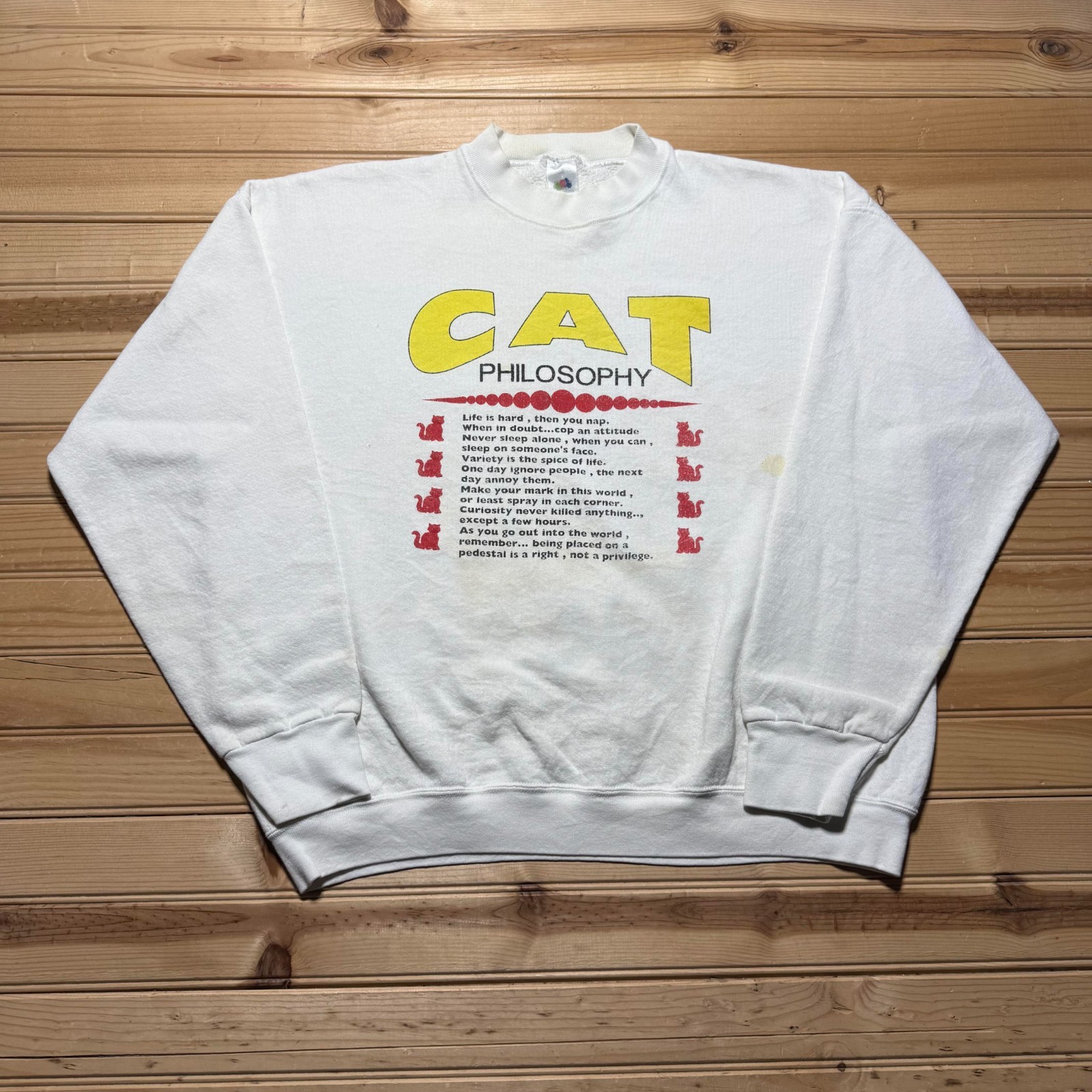 Vintage 90s Cat Philosophy Funny Rules Graphic Crewneck Sweatshirt USA Made XL