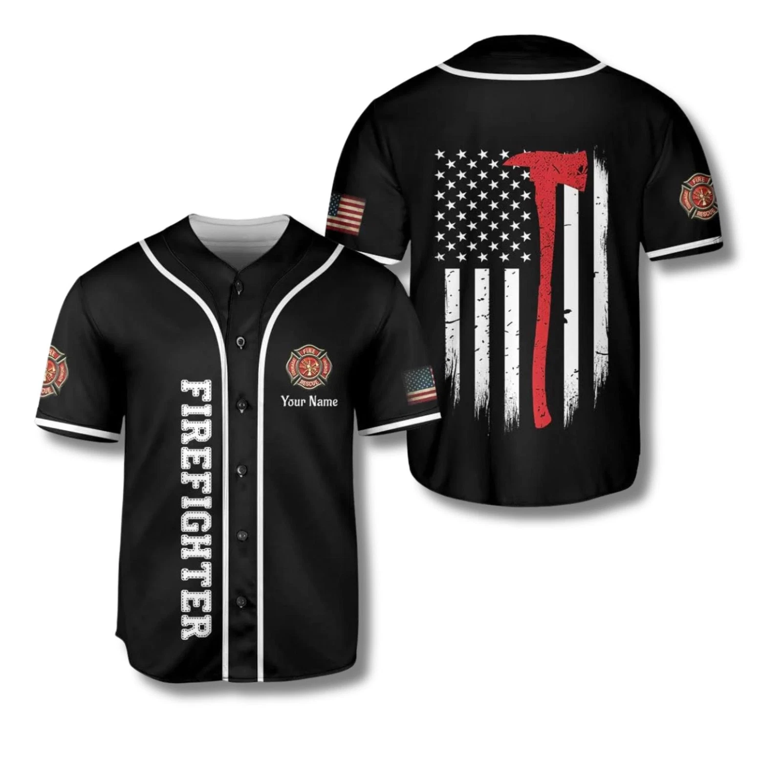 Firefighter Custom Baseball Jersey Shirt Personalized Name Black Button Up Fire