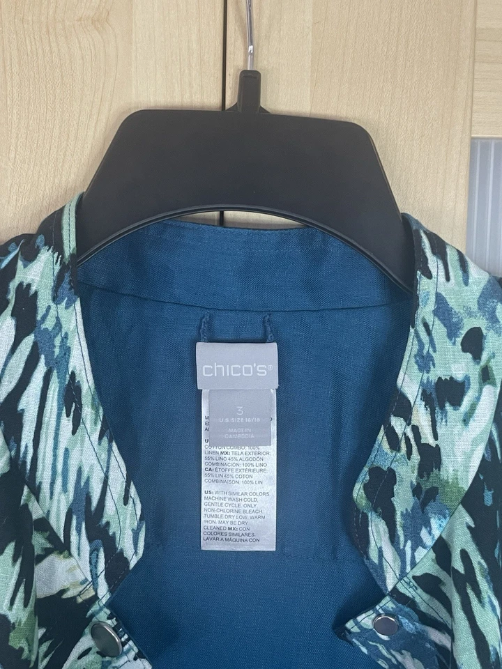 Chaqueta Floral Azul Reversible Chico's Talla 3 XL Para Mujer Lino Informal Carrera Viaje Foto 2 de 4