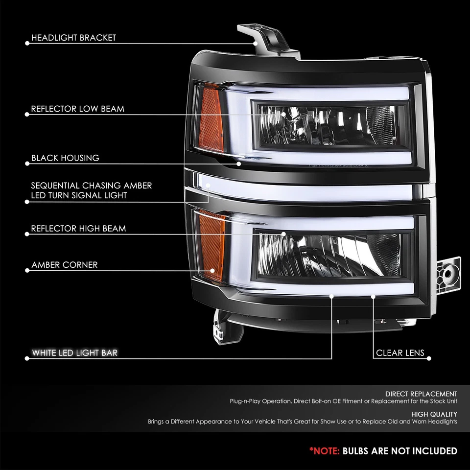 [C-LED Sequential Signal] For 14-15 Chevy Silverado 1500 Headlights Black/Amber - Image 2 of 4