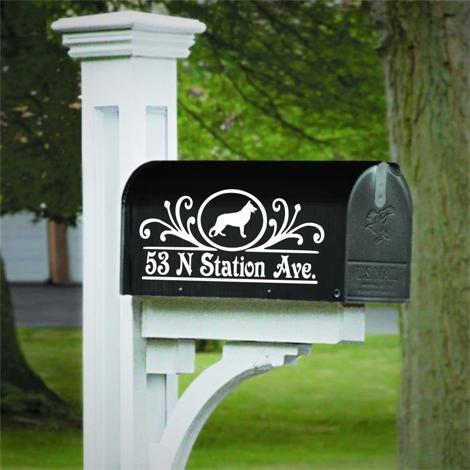 Juego de 2 calcomanías de vinilo personalizadas de pastor alemán con dirección para buzón Foto 2 de 4