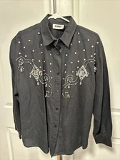Vintage Gitano Women's Shirt 80s Rhinestone Shoulder Pad Embellished Blk Linen