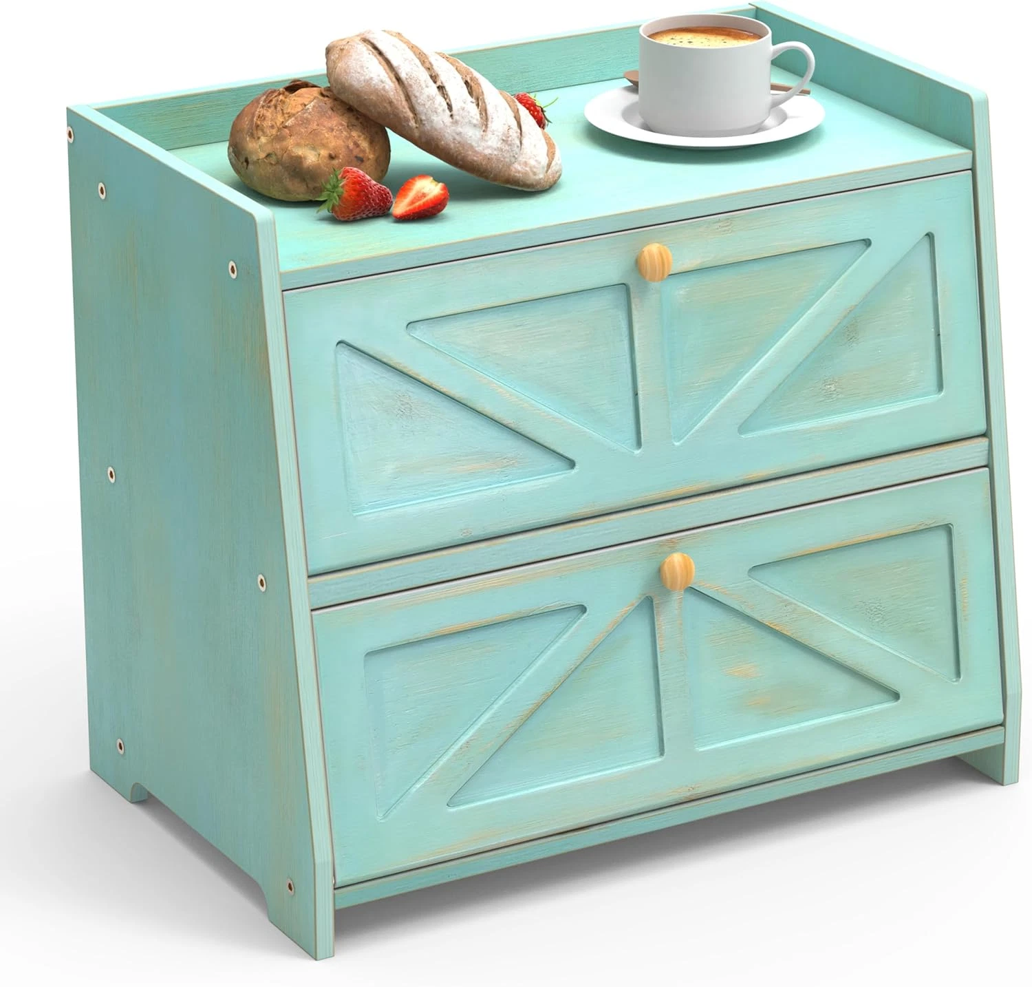 Antique Blue Bamboo Double Layer Bread Box - Large Capacity Kitchen Storage