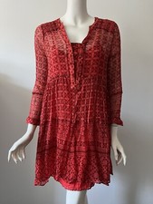 Anthropologie Maeve Red-Coral Sheer Boho Peasant Crinkle Textured Dress US 8