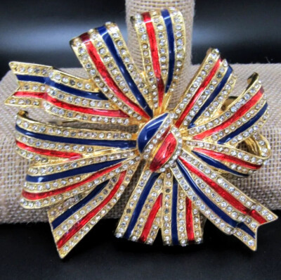 CINER FOR JOAN RIVERS MAGNIFICENT CRYSTAL BOW PIN BROOCH Patriotic  3'' NEW