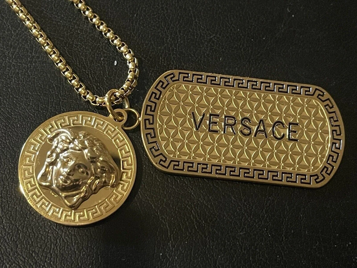 14K Yellow Gold Over Medusa Dog Tag Pendant Necklace Xmas Gift