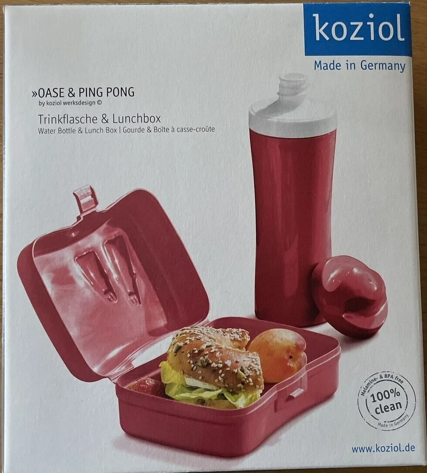 Botella de agua Koziol y lonchera sin BPA roja nueva en caja desgastada Foto 3 de 4