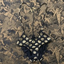 Vintage Valentine Black  Gold Polka Dot Topless One Piece Bathingsuit Swimsuit