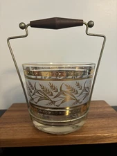 Vintage MCM Glass Ice Bucket Gold Wheat w/ Metal & Wood Handled Caddy
