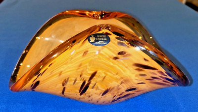 Murano White Cristal Gold and Brown Tiger Spots Folded Bowl Centerpiece Italy