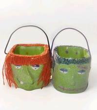 ScF Halloween Witch & Frankenstien Ornaments Green Glitter Trick or Treat Set 2