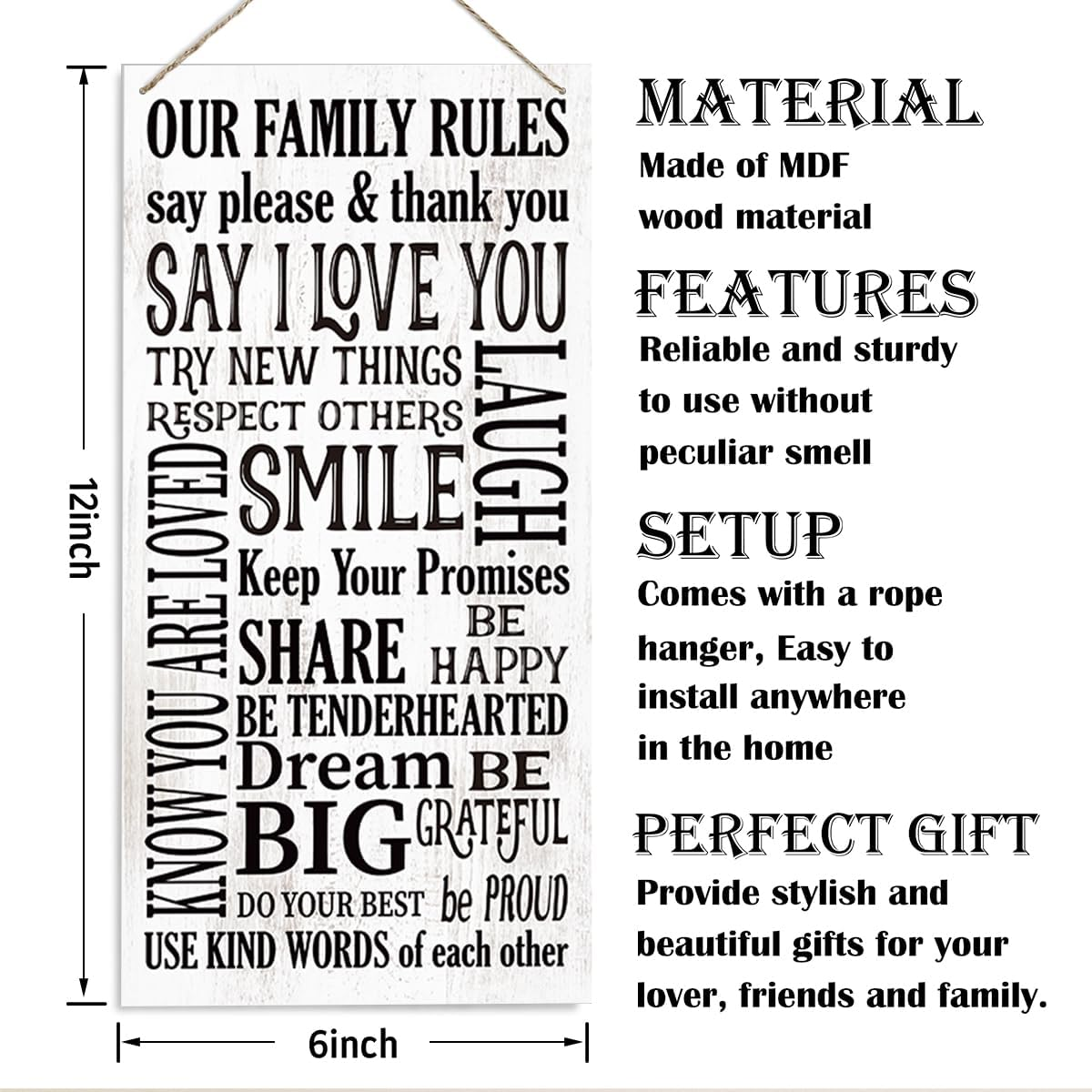 Targa Decorativa In Legno 'Our Family Rules' - Cartello Rustico Per Parete 30x15 Cm Con Corda, Regalo Per Famiglia E Inaugurazione Casa - 2