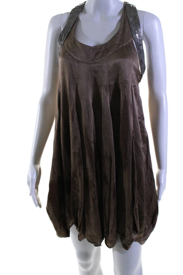 Vestido para mujer La Rok seda algodón lentejuelas adornado burbuja marrón talla XS Foto 2 de 4